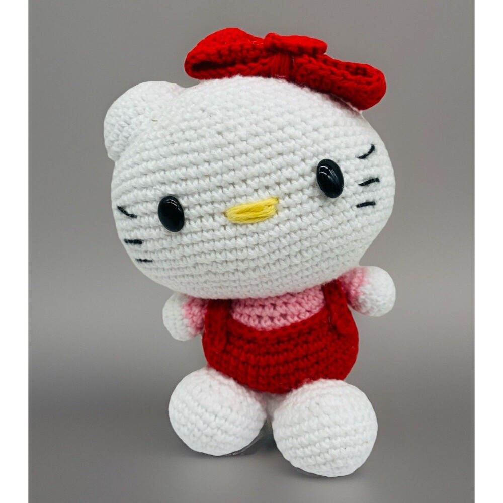 Handmade Hello Kitty Amigurumi Crochet Doll 5 1\2” Stuffed Toy Red Bow & Pants